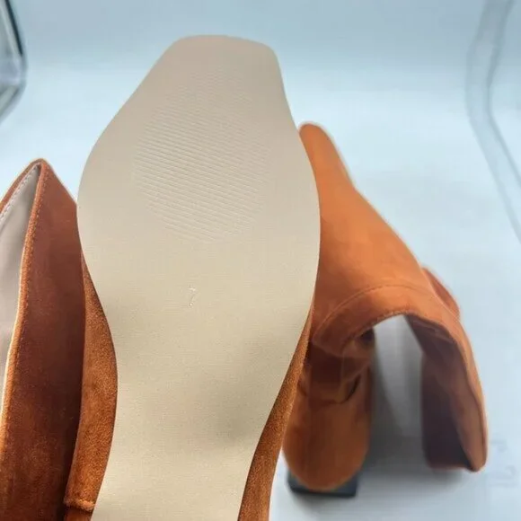 Women Square Toe Knee High Boot Wide Calf Low Chunky Heel Flat Long Boot Orange - Picture 5 of 7